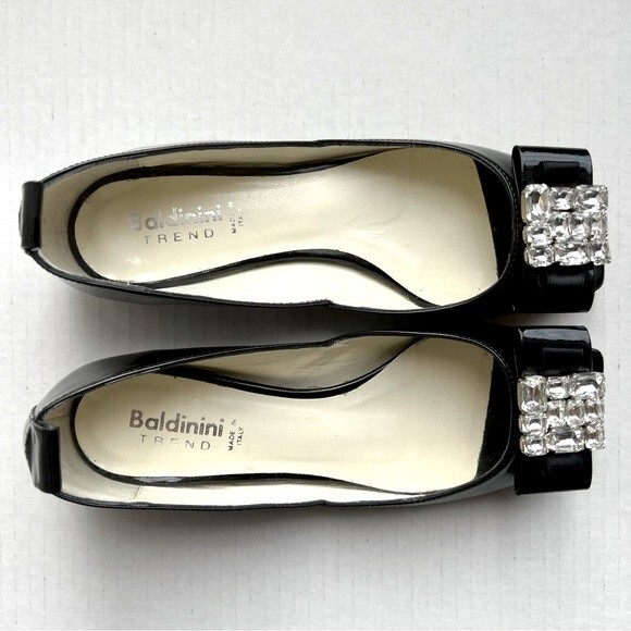 Baldinini Trend Black Patent Leather Jeweled Flats w/ Peep Toe Women EU 35 US 5 - Picture 9 of 15